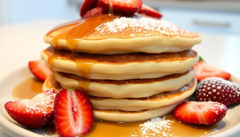 Stack of fluffy Premier Protein pancakes topped with fresh berries and a drizzle of syrup on a white plate.