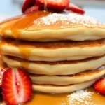 Stack of fluffy Premier Protein pancakes topped with fresh berries and a drizzle of syrup on a white plate.